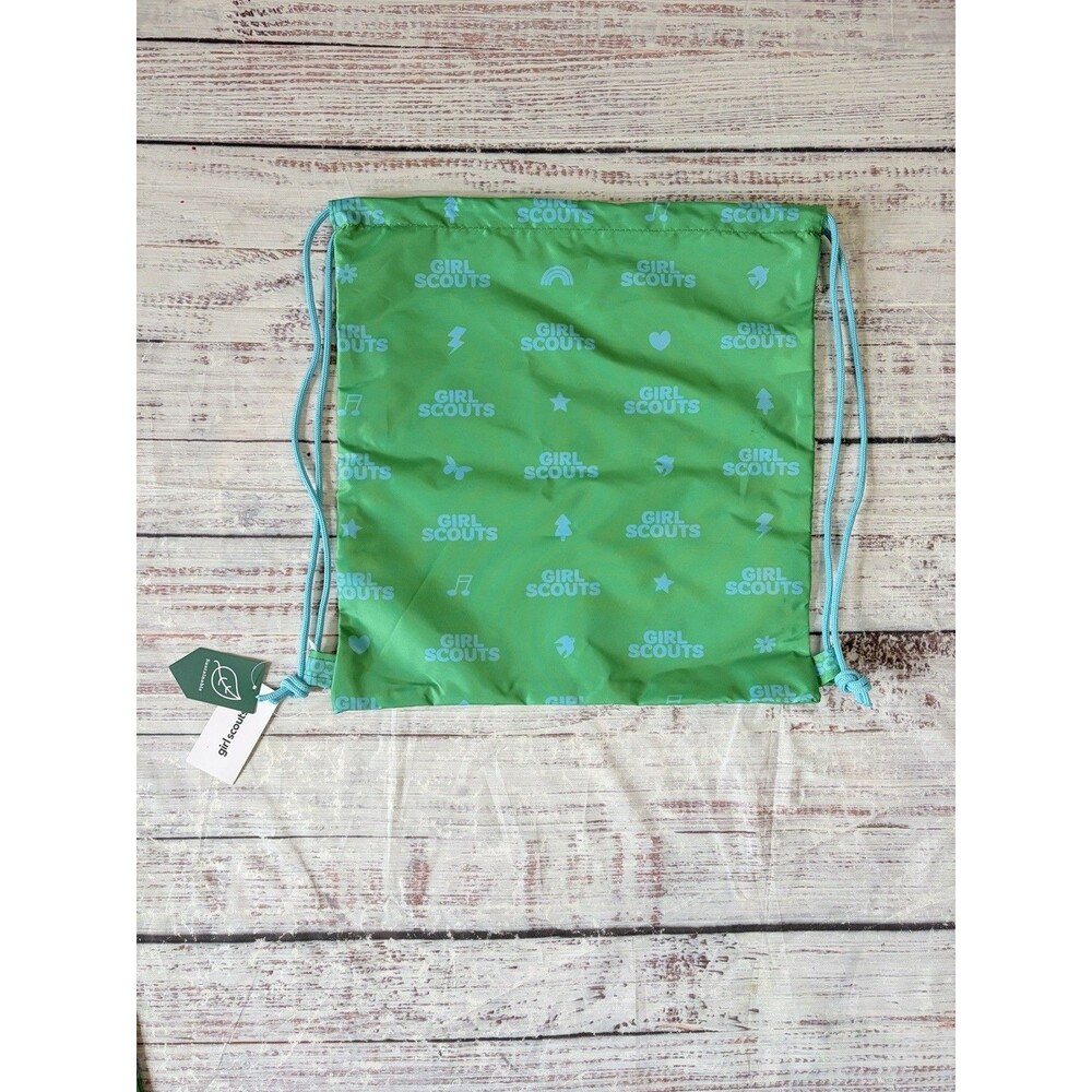 Girl Scouts Drawstring Bag Green New With Tags Set Of 11 Blue Cord My GS Kit Bag